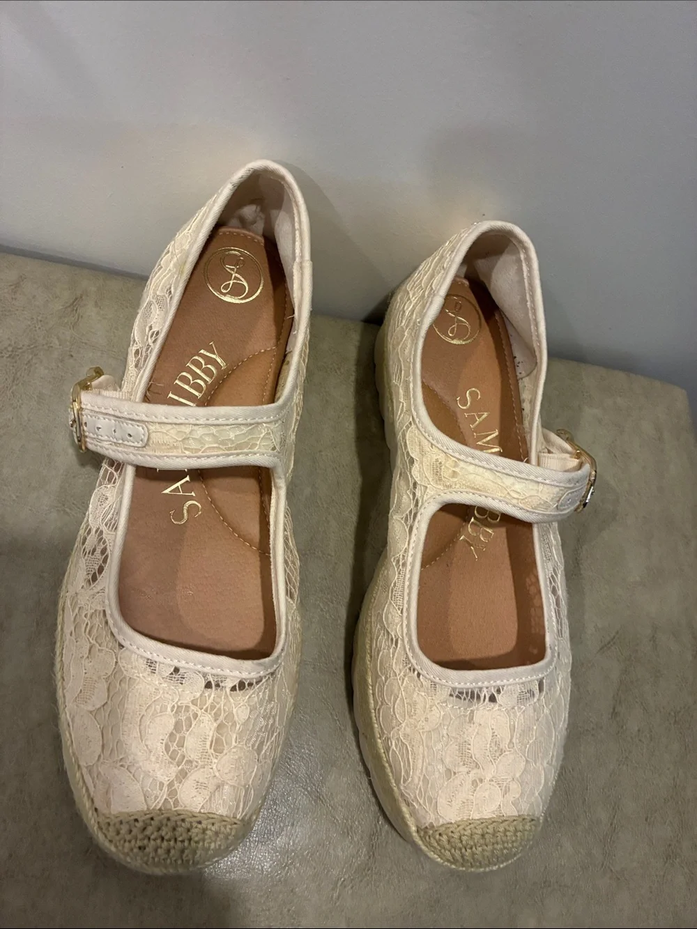 Sam & Libby Cream Lace Mary Jane Platform Espadrilles